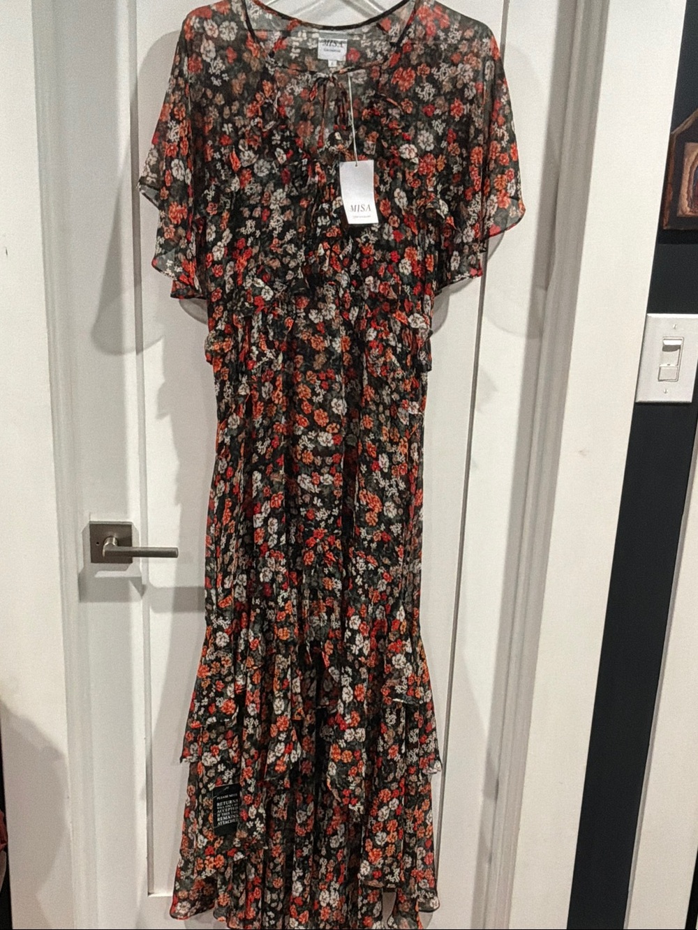 Misa Los Angeles Black Maxi Dress with Red & Cream Floral Print